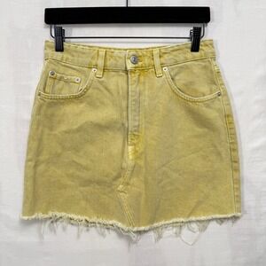 Zara Denim Skirt Womens Small Yellow Mini Raw Hem High Waisted 5-Pocket Cotton